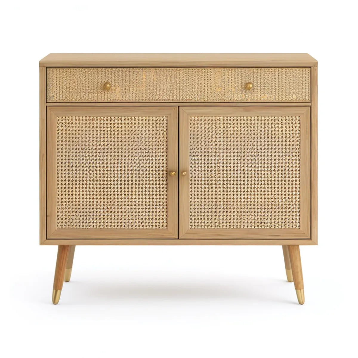 Kredens z MDF i naturalnego rattanu, 1 szuflada, 2 drzwi, 90 x 40 x 95 cm, Beżowy/Złoty