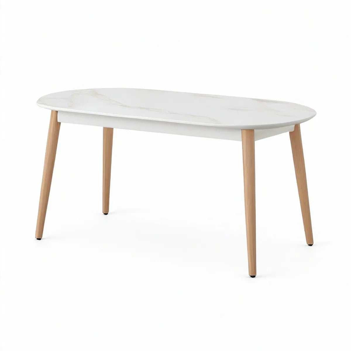 Owalny stół 140 x 80 x 75 cm, biały marmur, nogi z naturalnego drewna bukowego