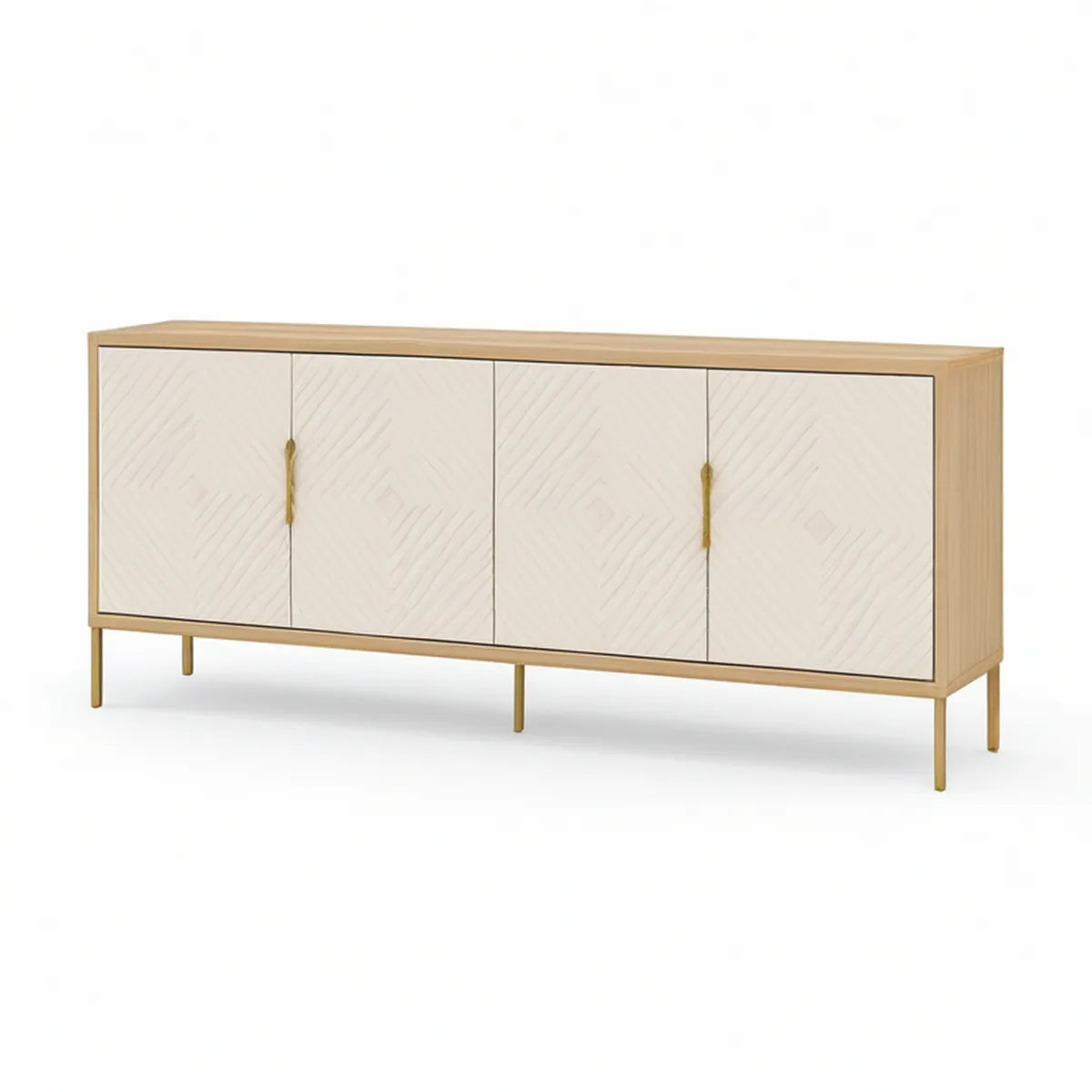 Kredens 4-drzwiowy z MDF fornirowanej dębem, biały/naturalny dąb/mosiądz, 180 × 45 × 85 cm