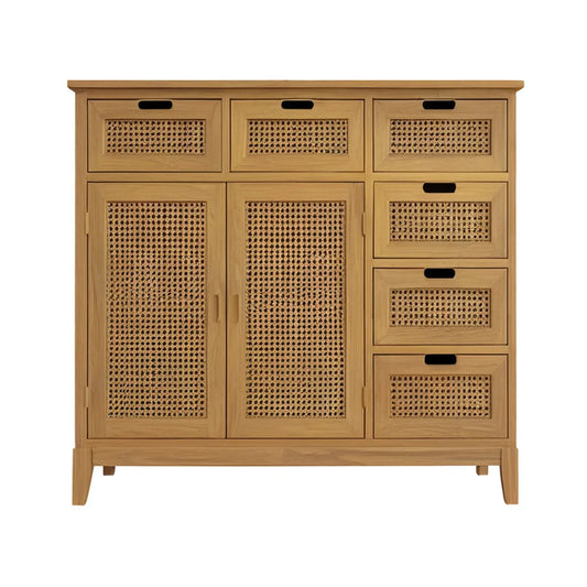 Kredens z litego drewna kauczukowego i naturalnego rattanu, dębowy, 150 x 40 x 150 cm