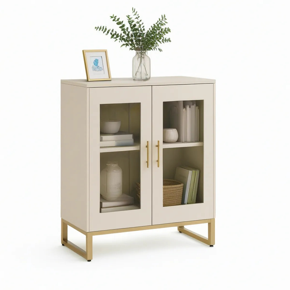 Dwudrzwiowy kredens z przeszkleniami MDF 100 x 80 x 40 cm kremowo-złoty