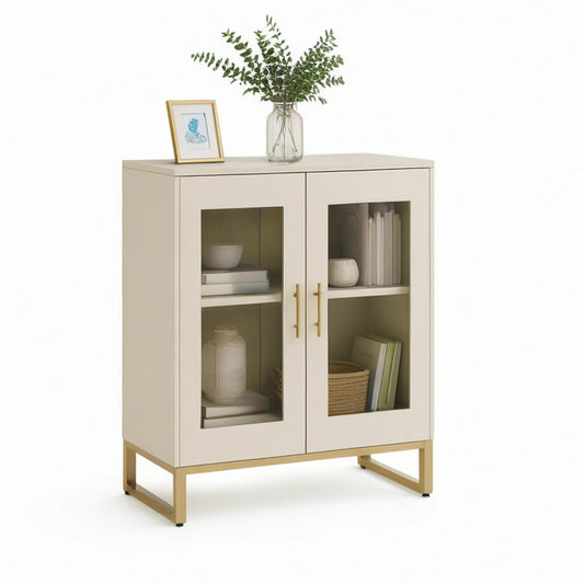 Dwudrzwiowy kredens z przeszkleniami MDF 100 x 80 x 40 cm kremowo-złoty