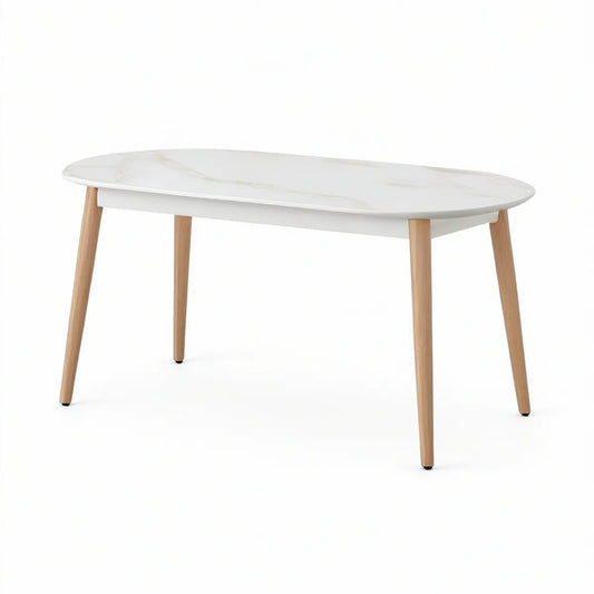 Owalny stół 140 x 80 x 75 cm, biały marmur, nogi z naturalnego drewna bukowego